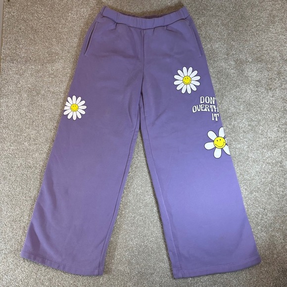 BSR by Sami Ryan Smiley Purple Daisy Graphic Print Wide Leg Sweatpants size M - Picture 1 of 8